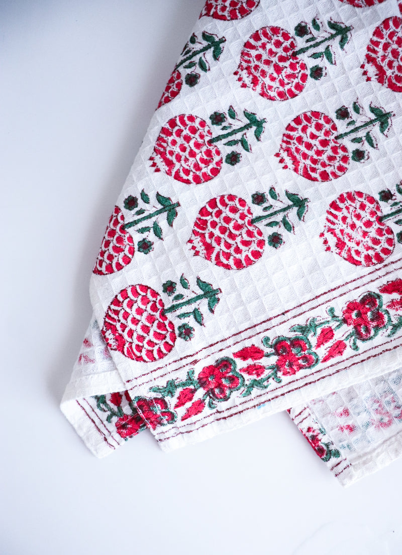 Set of 2 waffle kitchen towels - Block print dish towels - Tea towels - Red pomegranates