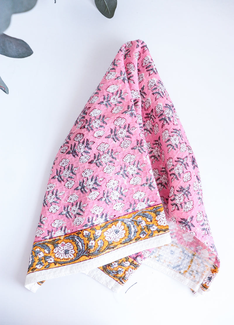 Set of 2 waffle kitchen towels - Block print dish towels - Tea towels - Pink roses