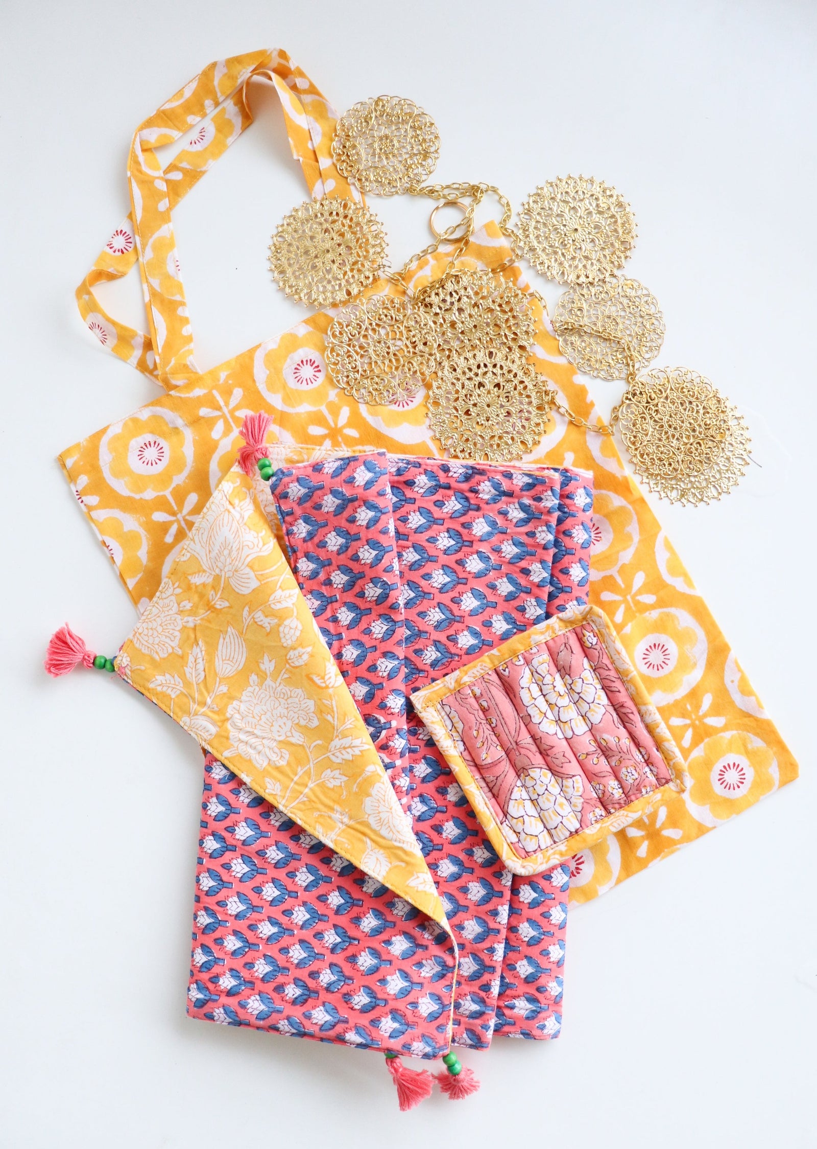 The Golden Hour premium gift bag with handmade block print accessories by Kari by Kriti
