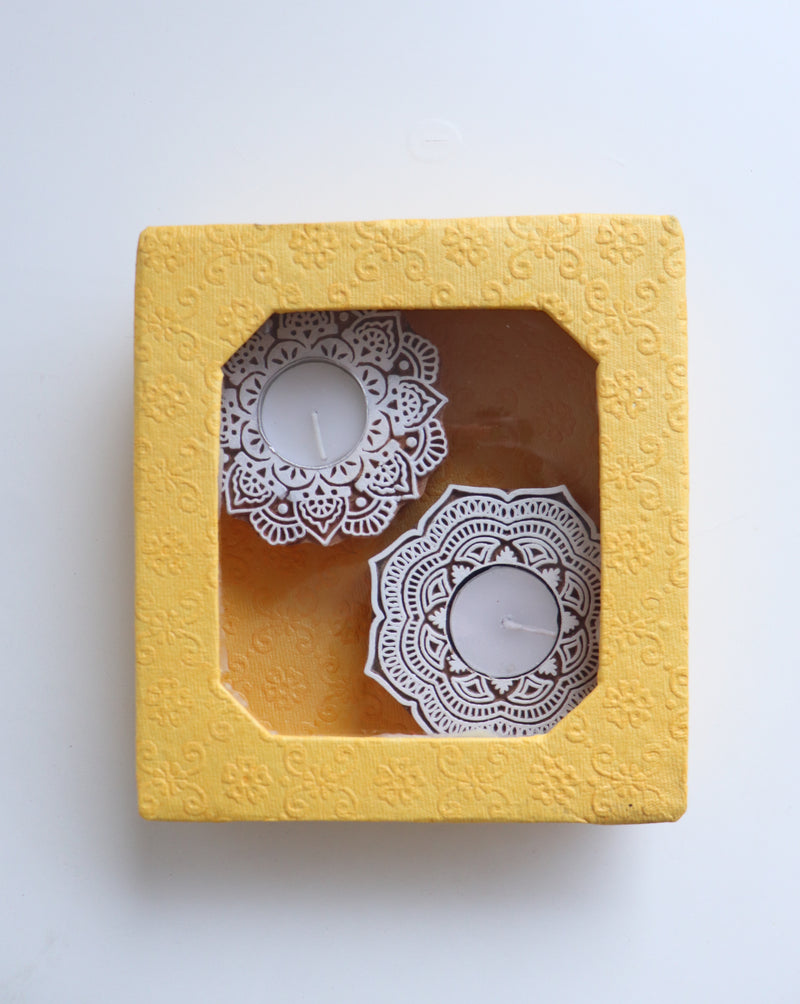 Wood Block Carved tea light holders in a gift box - Eco friendly Diwali gifts - Marigold - Set of 2