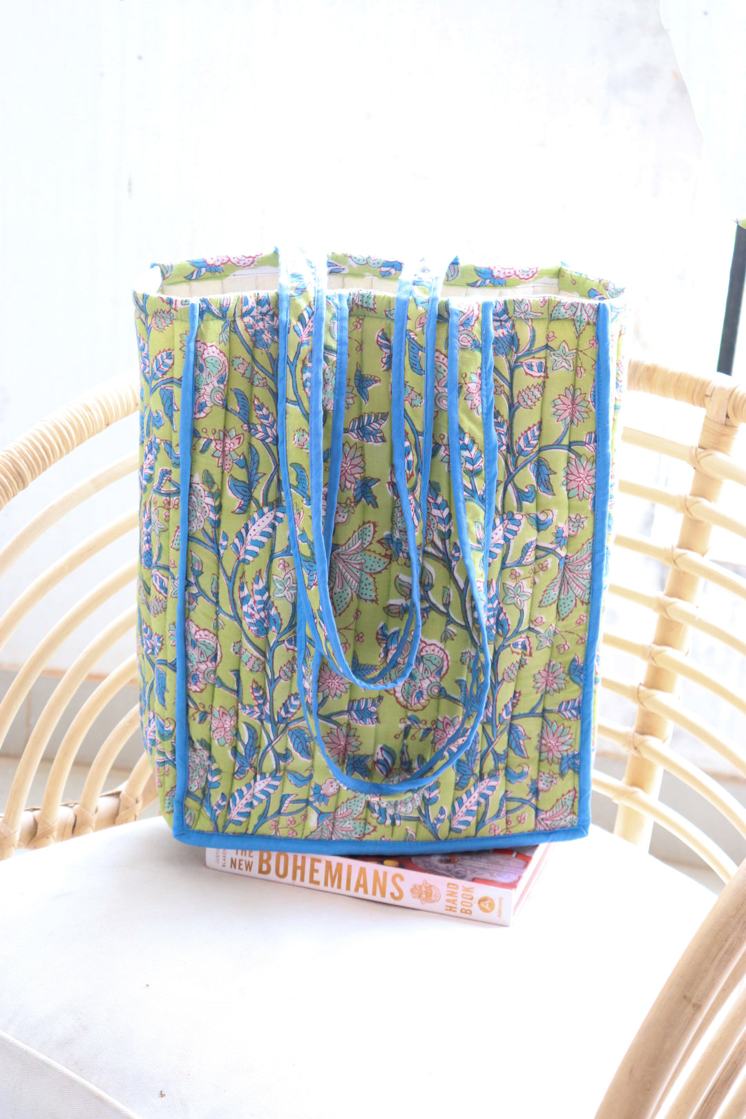 Block print tote bag - Boho quilted shopping bag - Women's handbag - Green floral