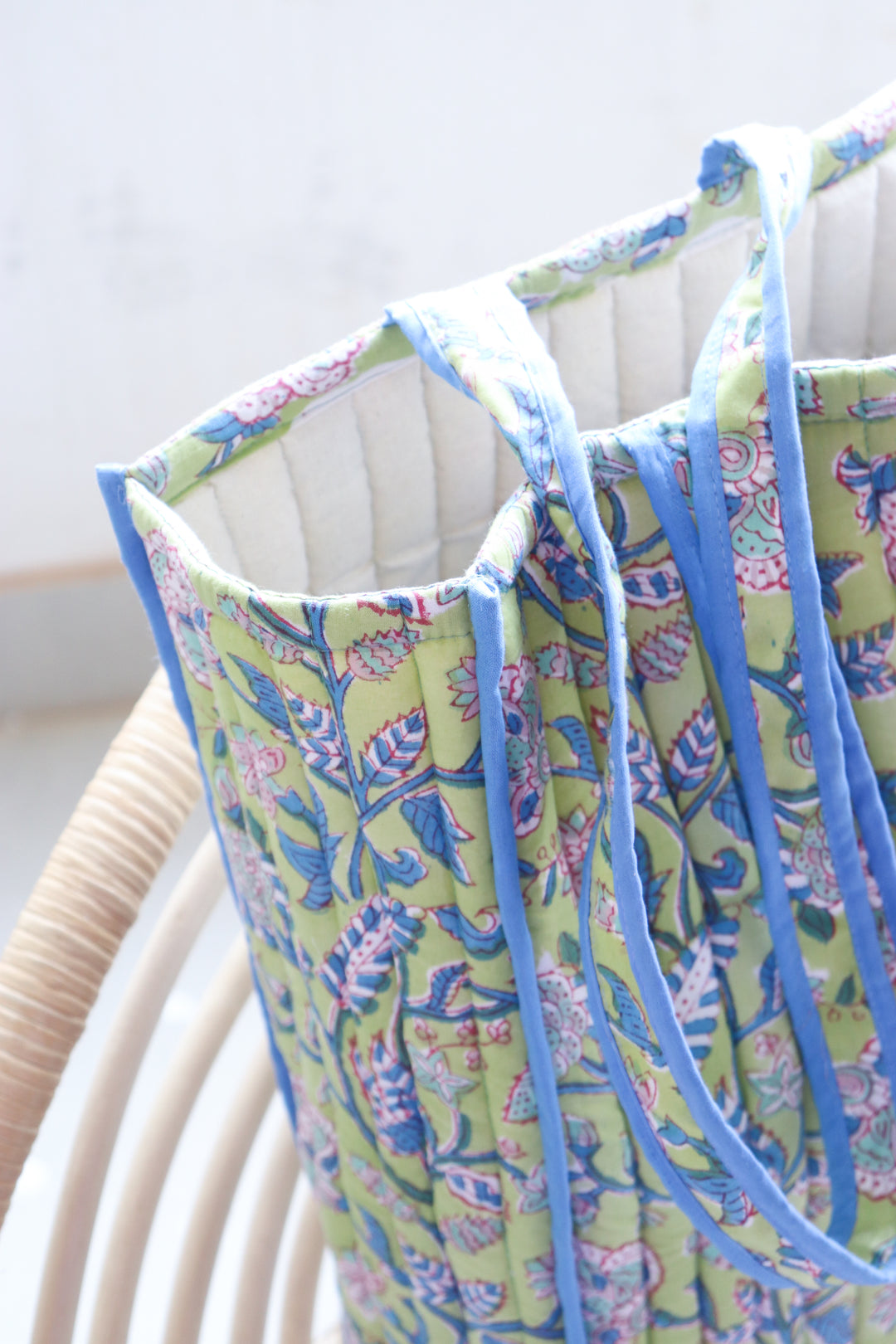 Block print tote bag - Boho quilted shopping bag - Women's handbag - Green floral