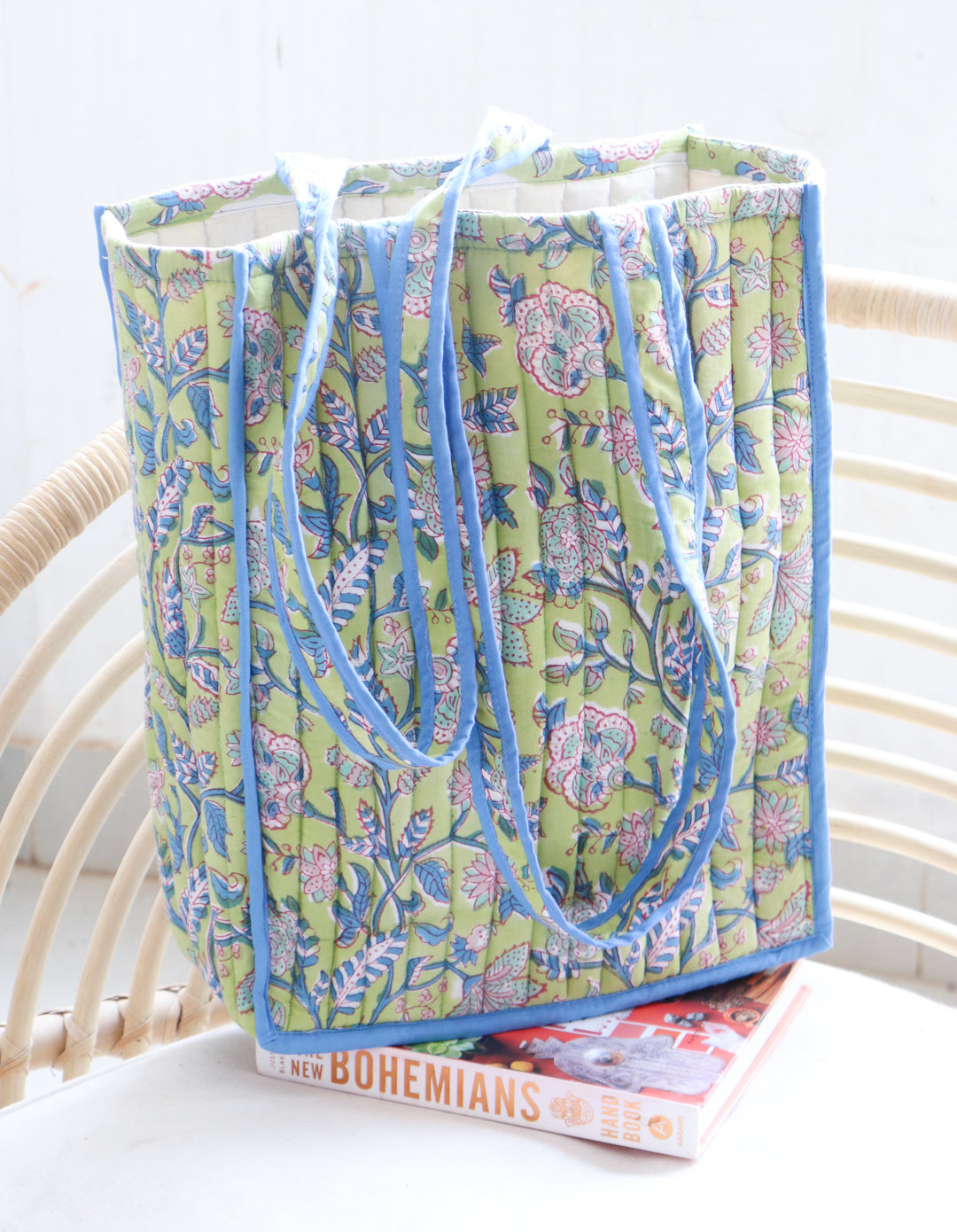 Block print tote bag - Boho quilted shopping bag - Women's handbag - Green floral