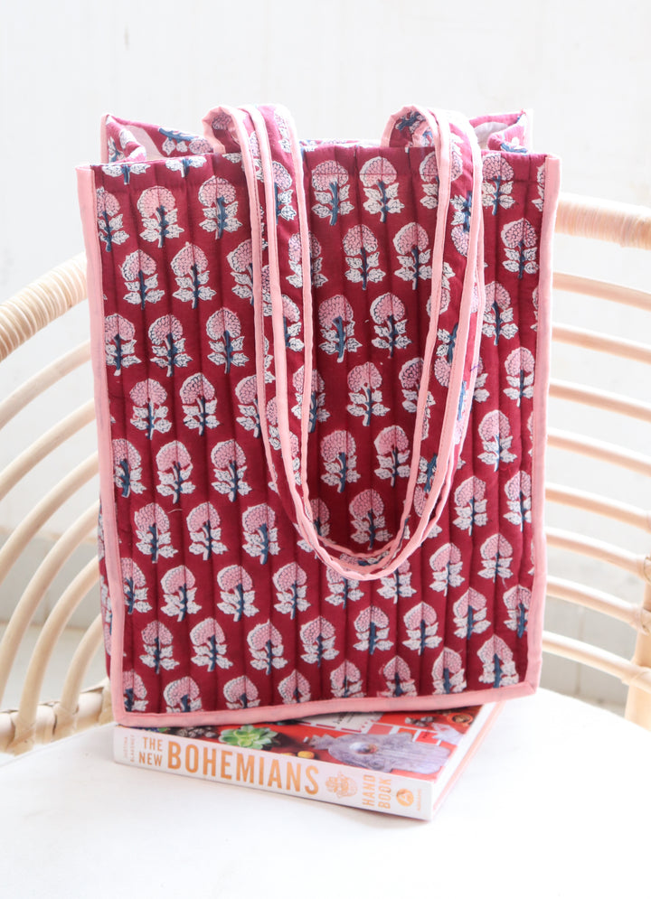 Block print tote bag - Boho quilted Reusable Shopping bag - Maroon