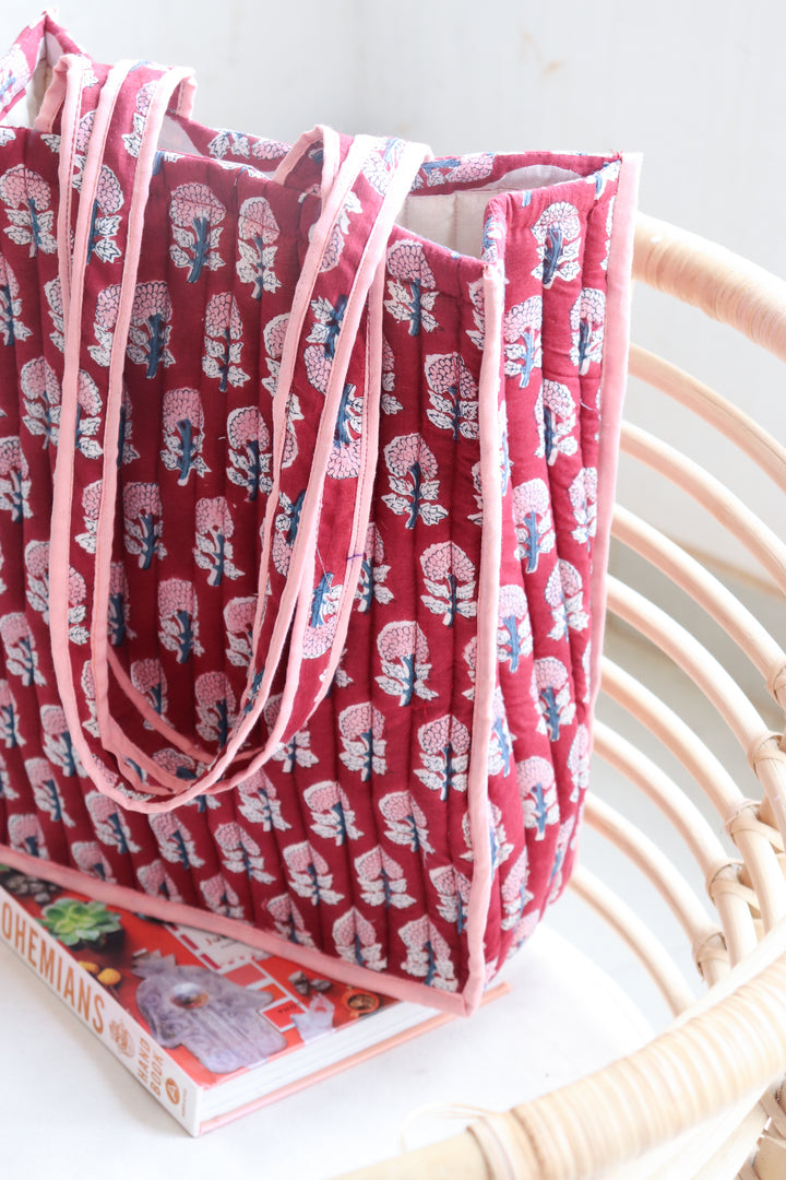 Block print tote bag - Boho quilted Reusable Shopping bag - Maroon
