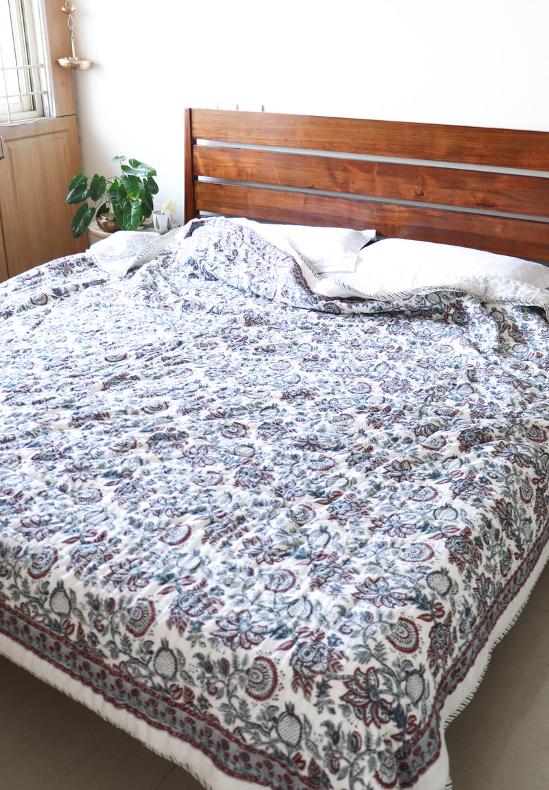 Pomegranate quilt - Dusty blue and maroon AC quilt - King, Queen and single