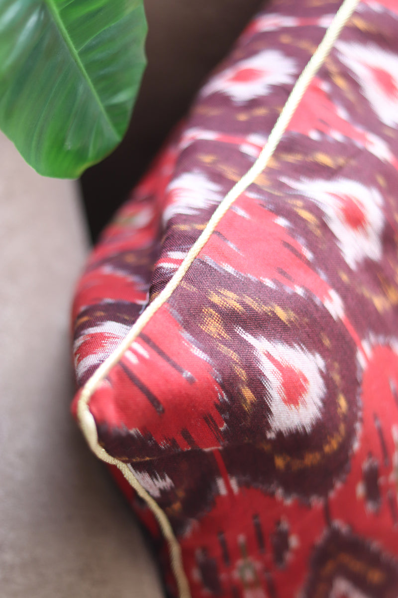 Festive handloom Ikat cushion cover - Red Ikat cushion cover with trim - 16x16 inches