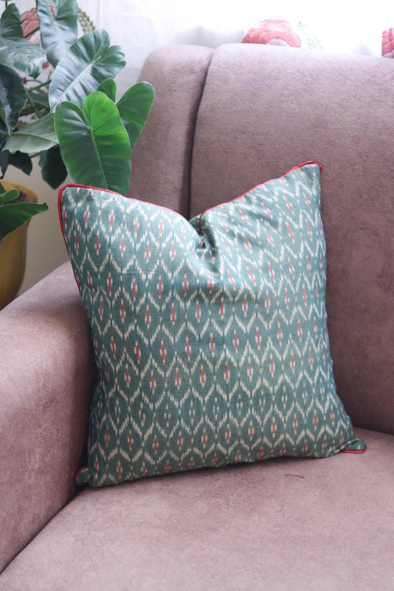 Festive handloom Ikat cushion cover - Green Ikat cushion cover with trim - 16x16 inches