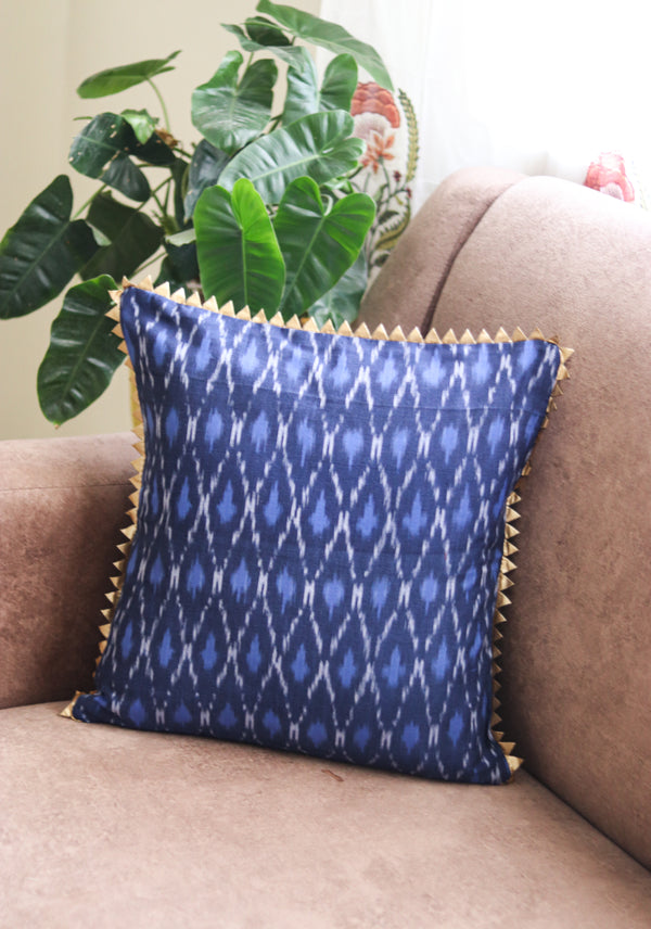 Navy blue festive handloom ikat cushion cover with trim, 16x16 inches, by Kari by Kriti
