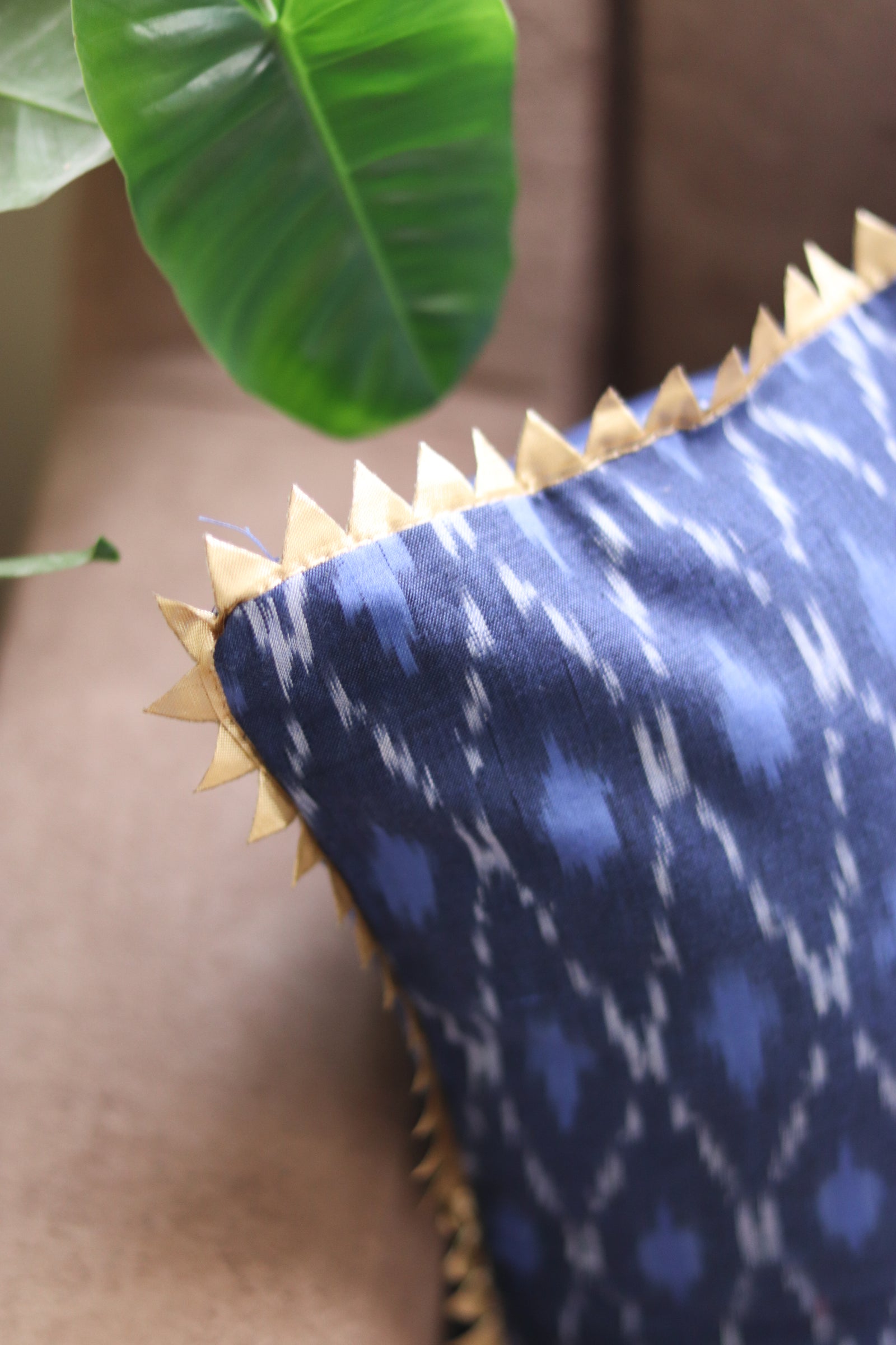 Navy blue festive handloom ikat cushion cover with trim, 16x16 inches, by Kari by Kriti
