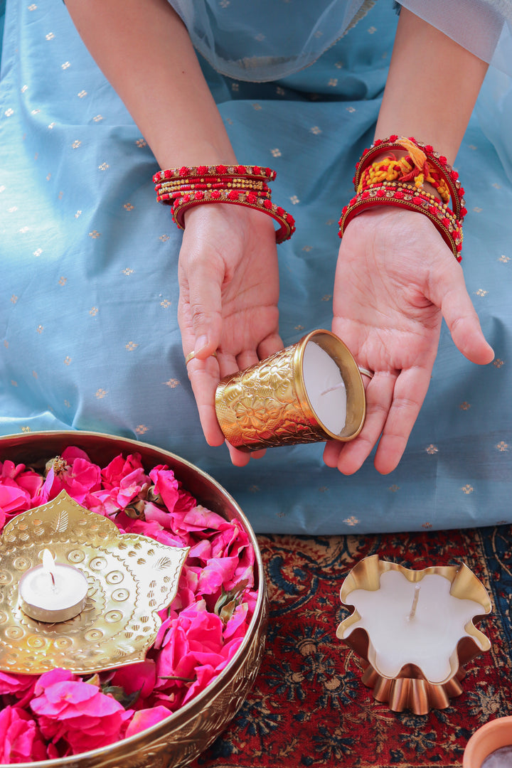 Set of 2 Gold Embossed Floral metal work scented candles in a gift box - Eco friendly Diwali gifts - Noor