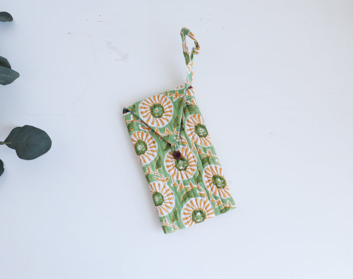 Quilted Sunglasses case - Spectacle cover - Green and yellow Geo