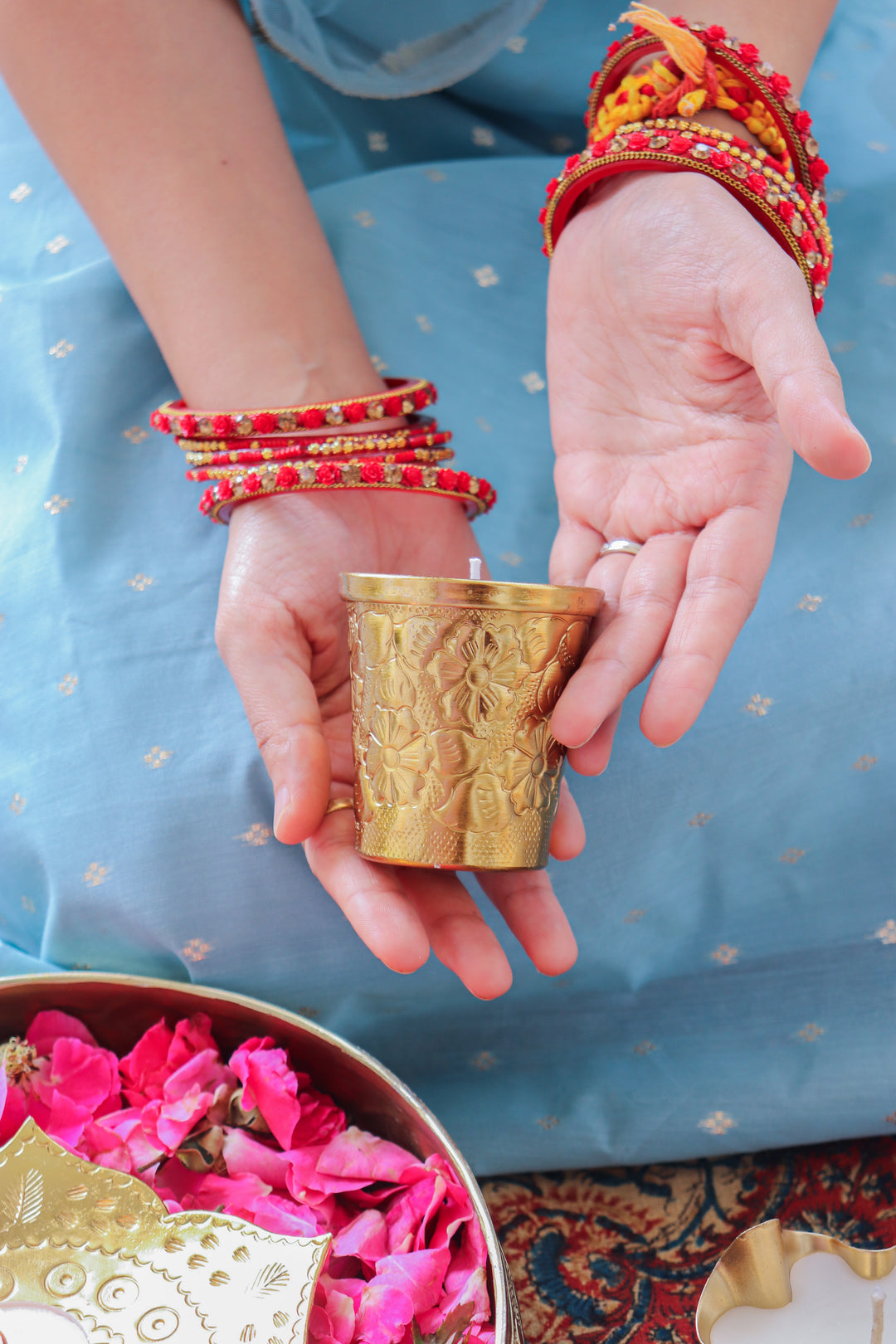 Set of 2 Gold Embossed Floral metal work scented candles in a gift box - Eco friendly Diwali gifts - Noor