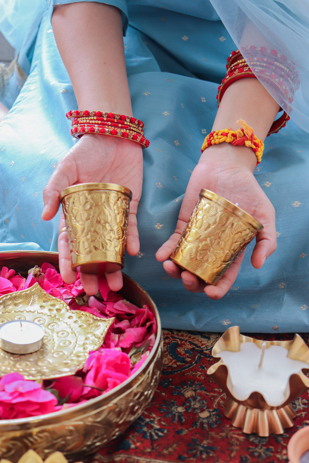 Set of 2 Gold Embossed Floral metal work scented candles in a gift box - Eco friendly Diwali gifts - Noor