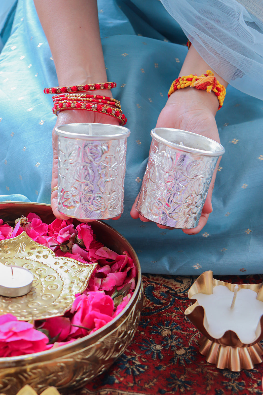Set of 2 Silver Embossed Floral metal work scented candles in a gift box - Eco friendly Diwali gifts - Svara