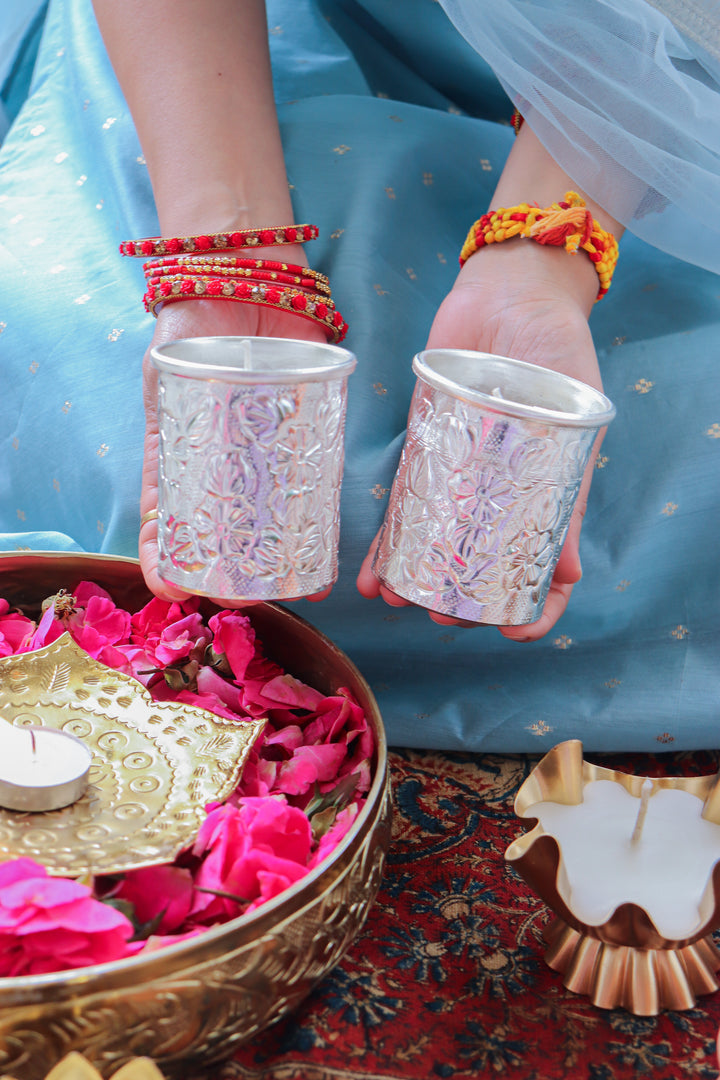 Set of 2 Silver Embossed Floral metal work scented candles in a gift box - Eco friendly Diwali gifts - Svara