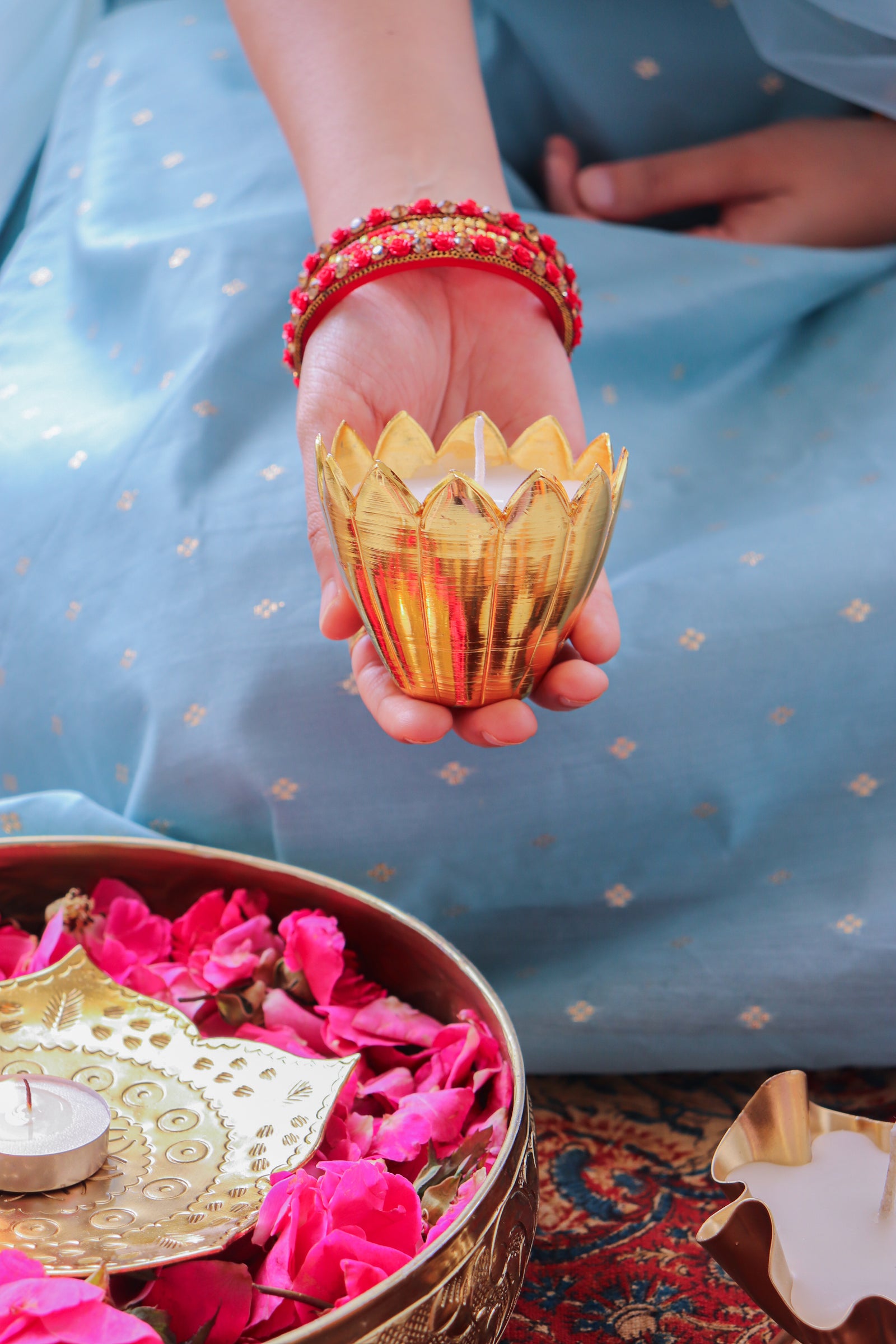 Lily artisanal lights Diwali gift box with handmade festive accessories by Kari by Kriti
