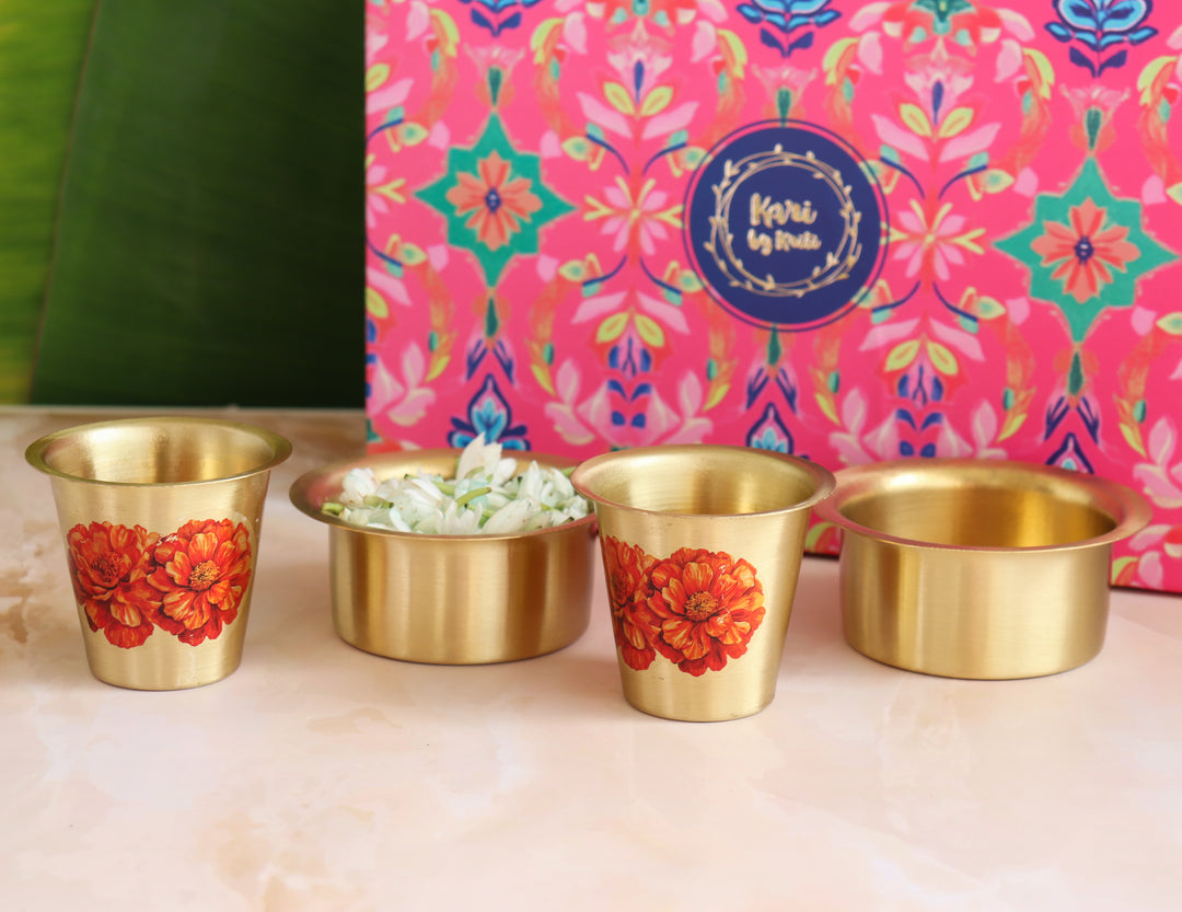 Marigold Dabara Coffee set - Set of 2 Brass filter coffee set - Handcrafted gift box