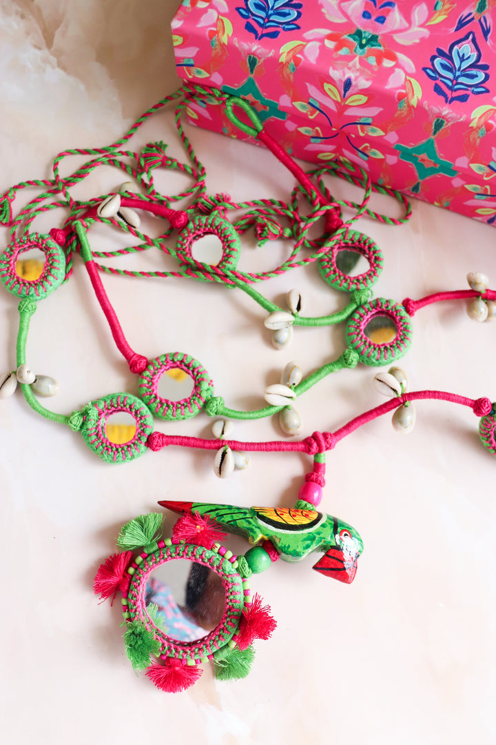 Handcrafted Thread work Toran - Mirror and bird toran - Door hanging decor - Green and Red