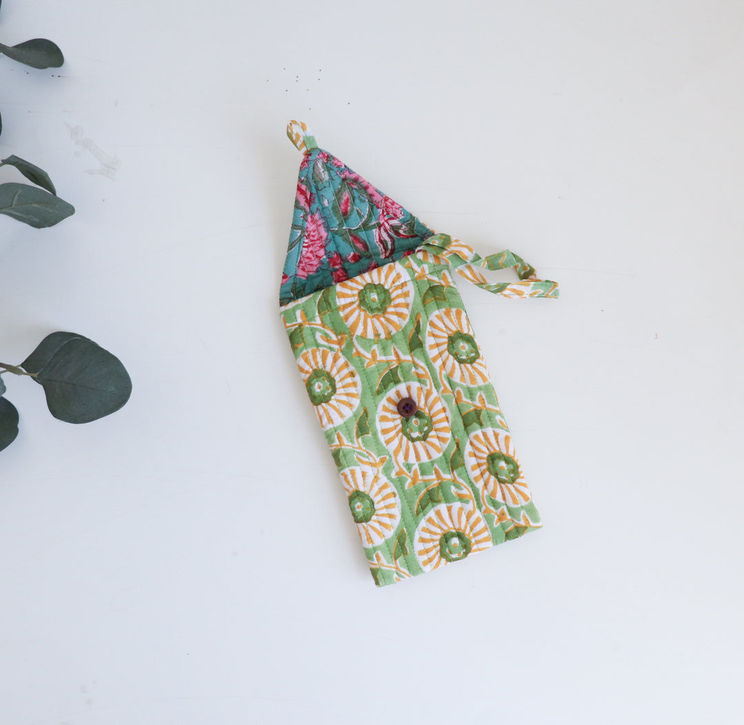 Quilted Sunglasses case - Spectacle cover - Green and yellow Geo