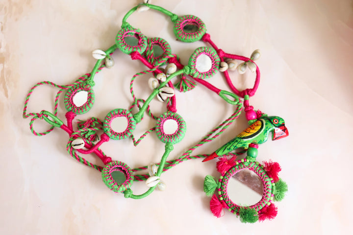 Handcrafted Thread work Toran - Mirror and bird toran - Door hanging decor - Green and Red