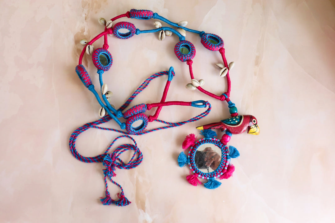 Handcrafted Thread work Toran - Mirror and bird toran - Door hanging decor - Blue and Pink