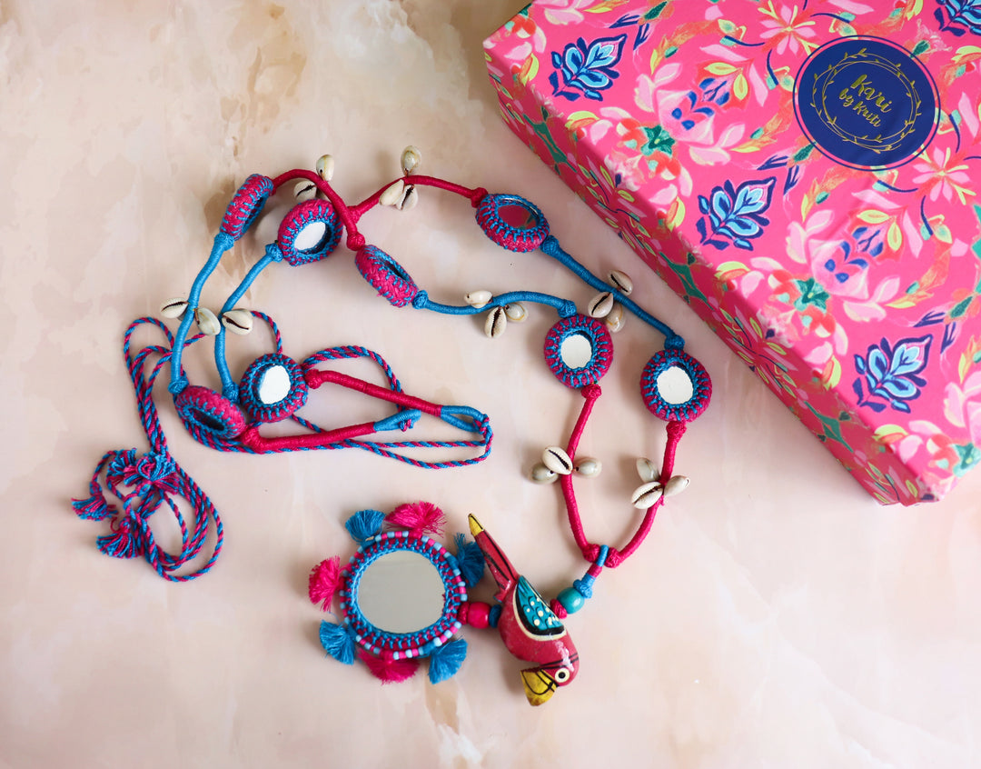 Handcrafted Thread work Toran - Mirror and bird toran - Door hanging decor - Blue and Pink