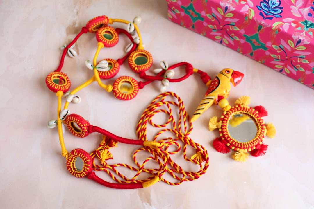 Handcrafted Thread work Toran - Mirror and bird toran - Door hanging decor - Red and Yellow
