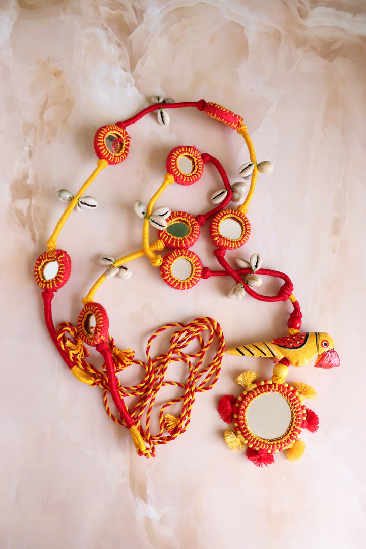 Handcrafted Thread work Toran - Mirror and bird toran - Door hanging decor - Red and Yellow