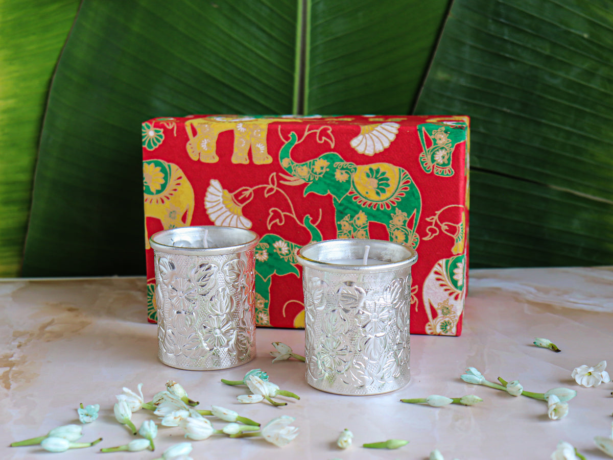 Set of 2 Silver Embossed Floral metal work scented candles in a gift box - Eco friendly Diwali gifts - Svara by Kari by Kriti