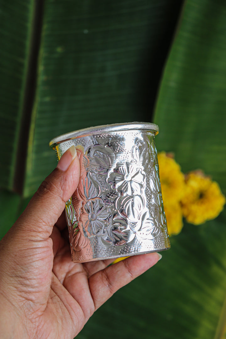 Set of 2 Silver Embossed Floral metal work scented candles in a gift box - Eco friendly Diwali gifts - Svara