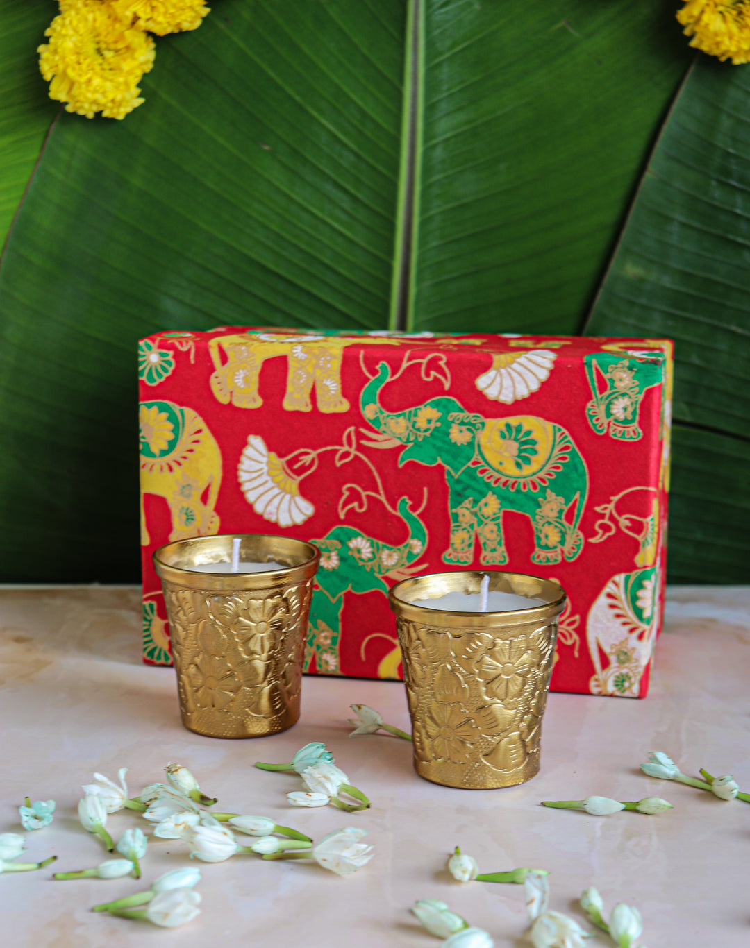 Set of 2 Gold Embossed Floral metal work scented candles in a gift box - Eco friendly Diwali gifts - Noor