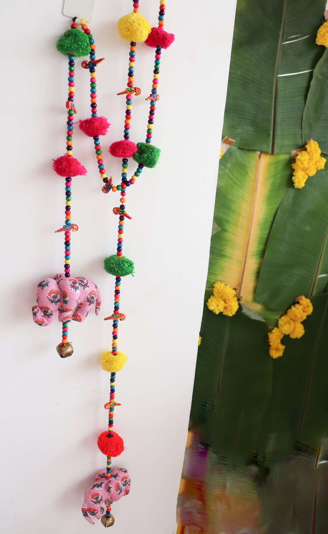 Set of 2 Handcrafted bead work door hanging - Elephant and pompom Latkan decor - Pink Elephant