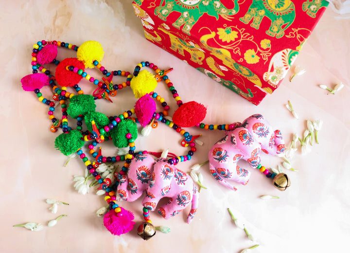 Set of 2 Handcrafted bead work door hanging - Elephant and pompom Latkan decor - Pink Elephant