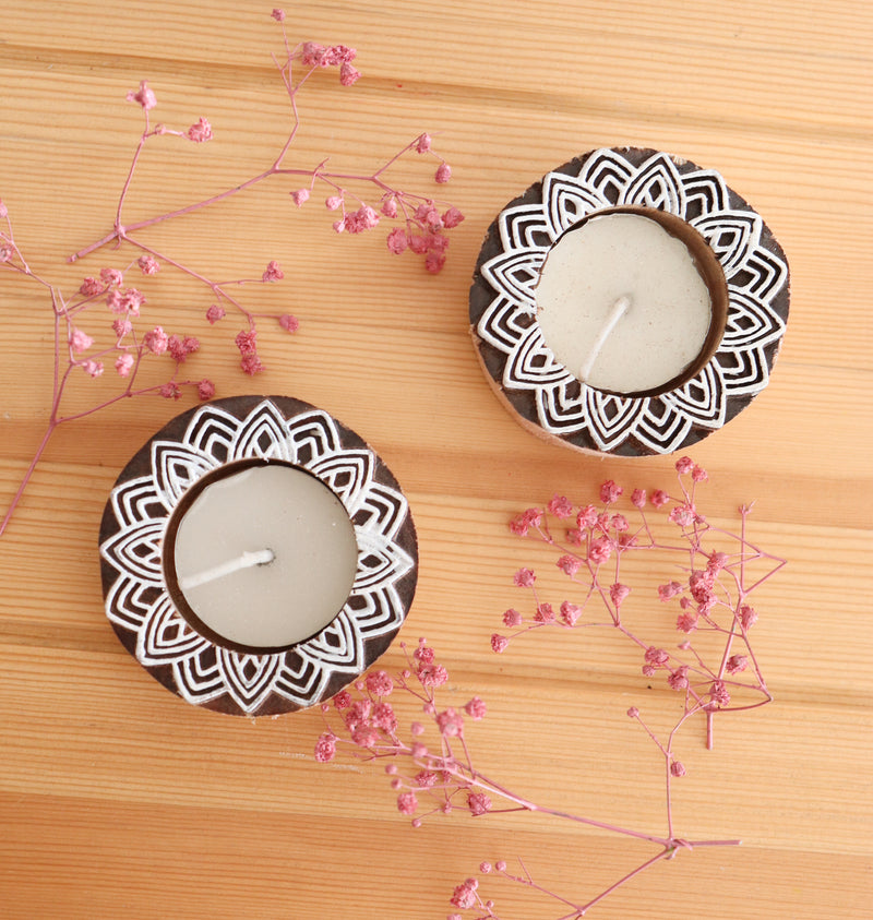 Small Wood Block Carved set of two tea light holders - Handcrafted Block print inspired tea lights - Jasmine