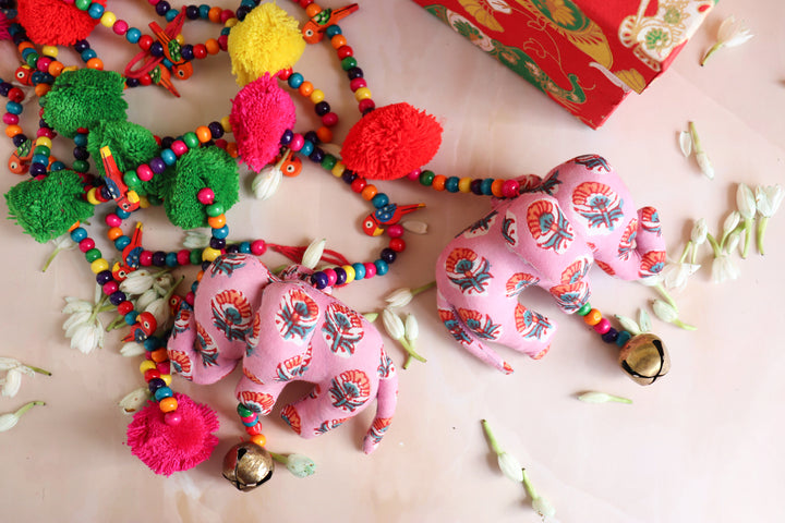 Set of 2 Handcrafted bead work door hanging - Elephant and pompom Latkan decor - Pink Elephant