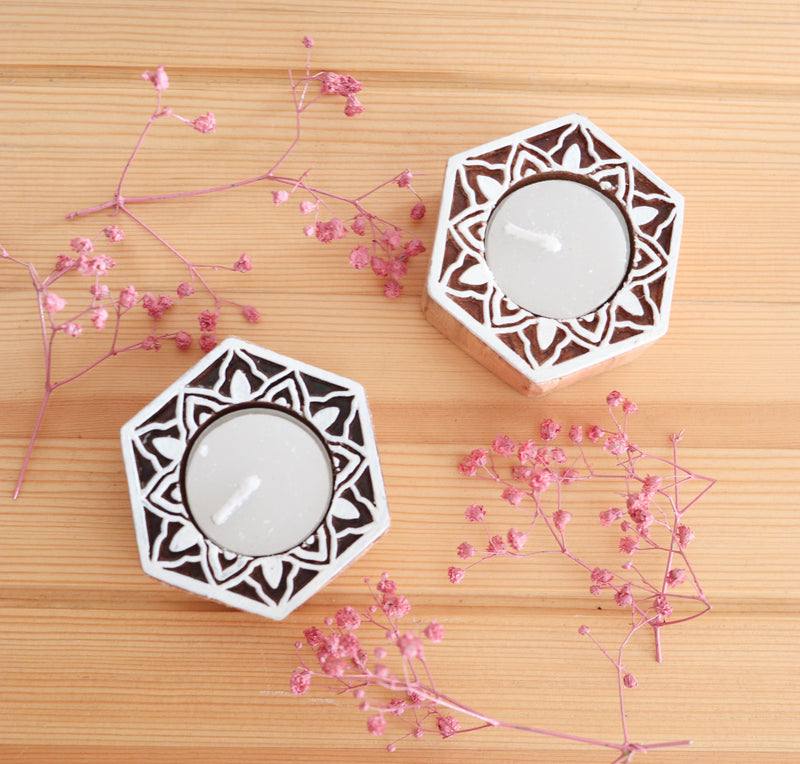 Small Wood Block Carved set of two tea light holders - Handcrafted Block print inspired tea lights - Champa