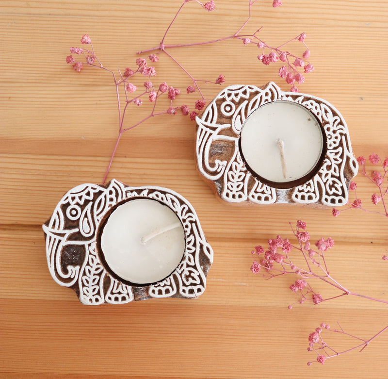 Small Wood Block Carved set of two tea light holders - Handcrafted Block print inspired tea lights - Elephant
