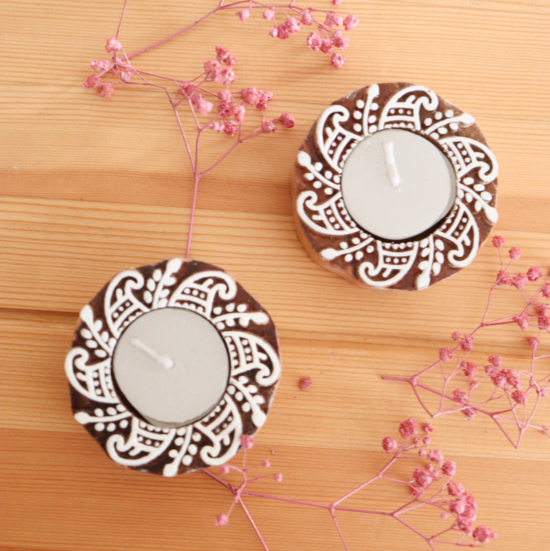 Small Wood Block Carved set of two tea light holders - Handcrafted Block print inspired tea lights - Genda