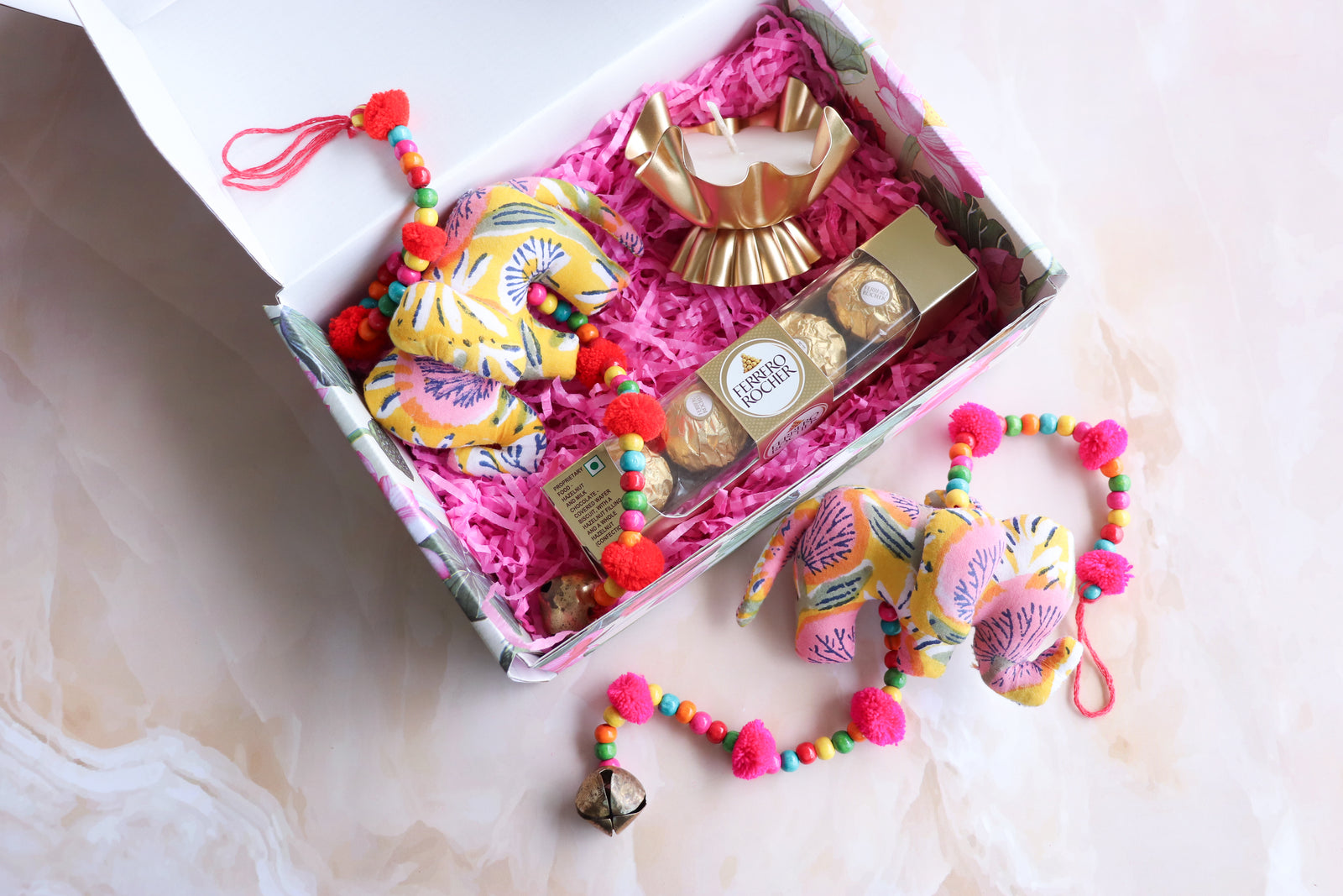 Jhil Mil festive gift hamper with handmade Diwali accessories by Kari by Kriti
