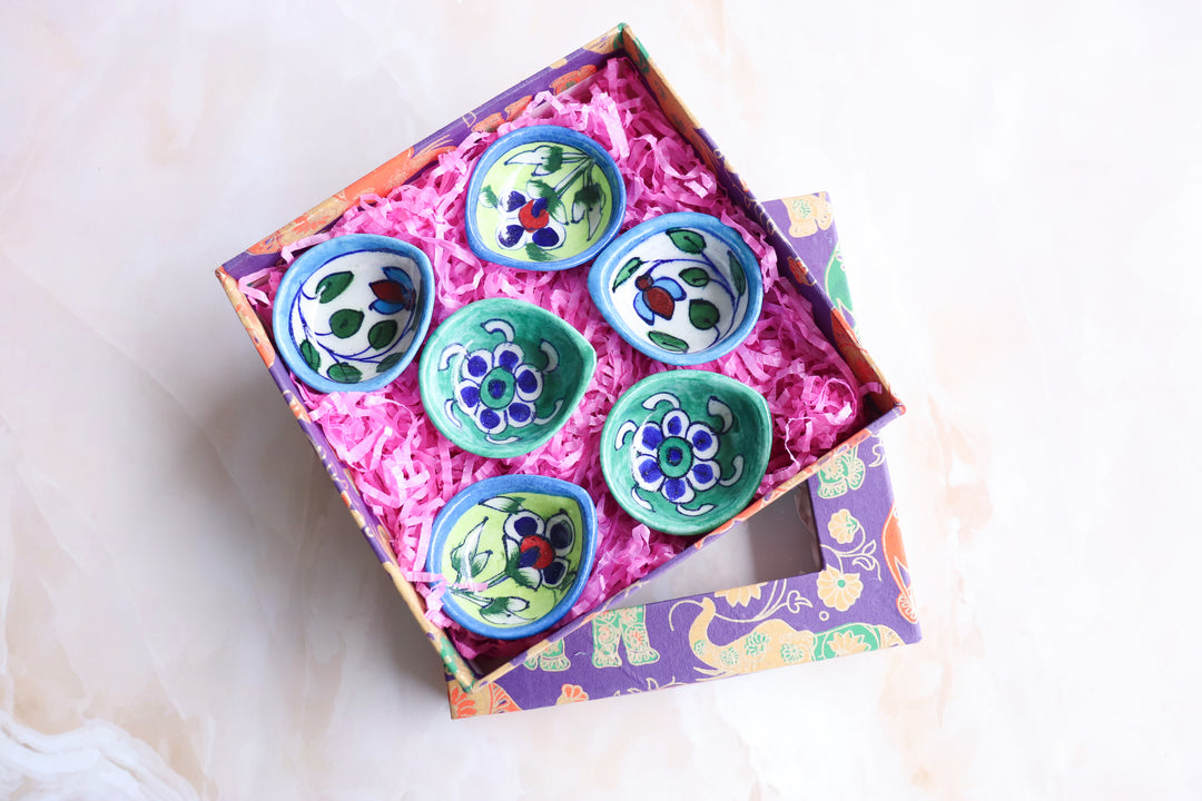 Assorted Blue Pottery Diyas in a gift box - Deepawali gift box - Navya