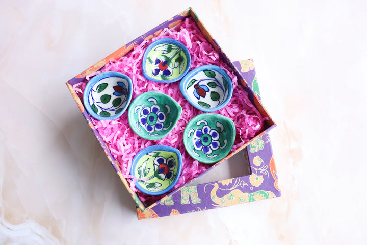 Assorted Blue Pottery Diyas in a gift box - Deepawali gift box - Navya