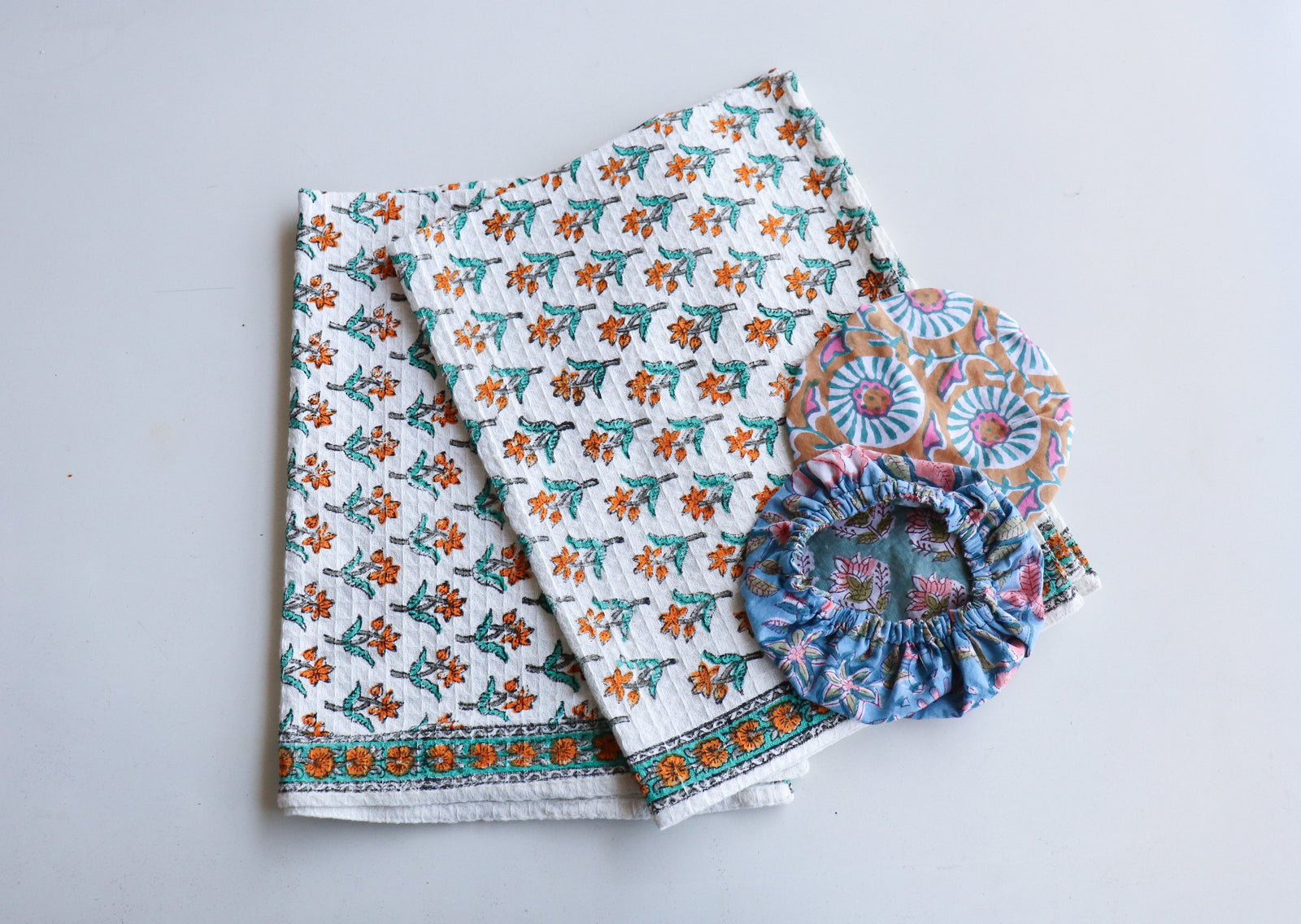Kitchen essentials gift bag with handmade block print kitchen accessories by Kari by Kriti
