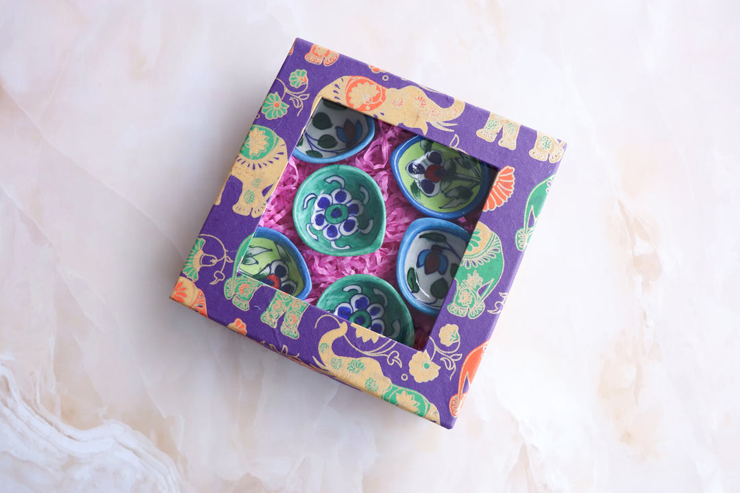 Assorted Blue Pottery Diyas in a gift box - Deepawali gift box - Navya