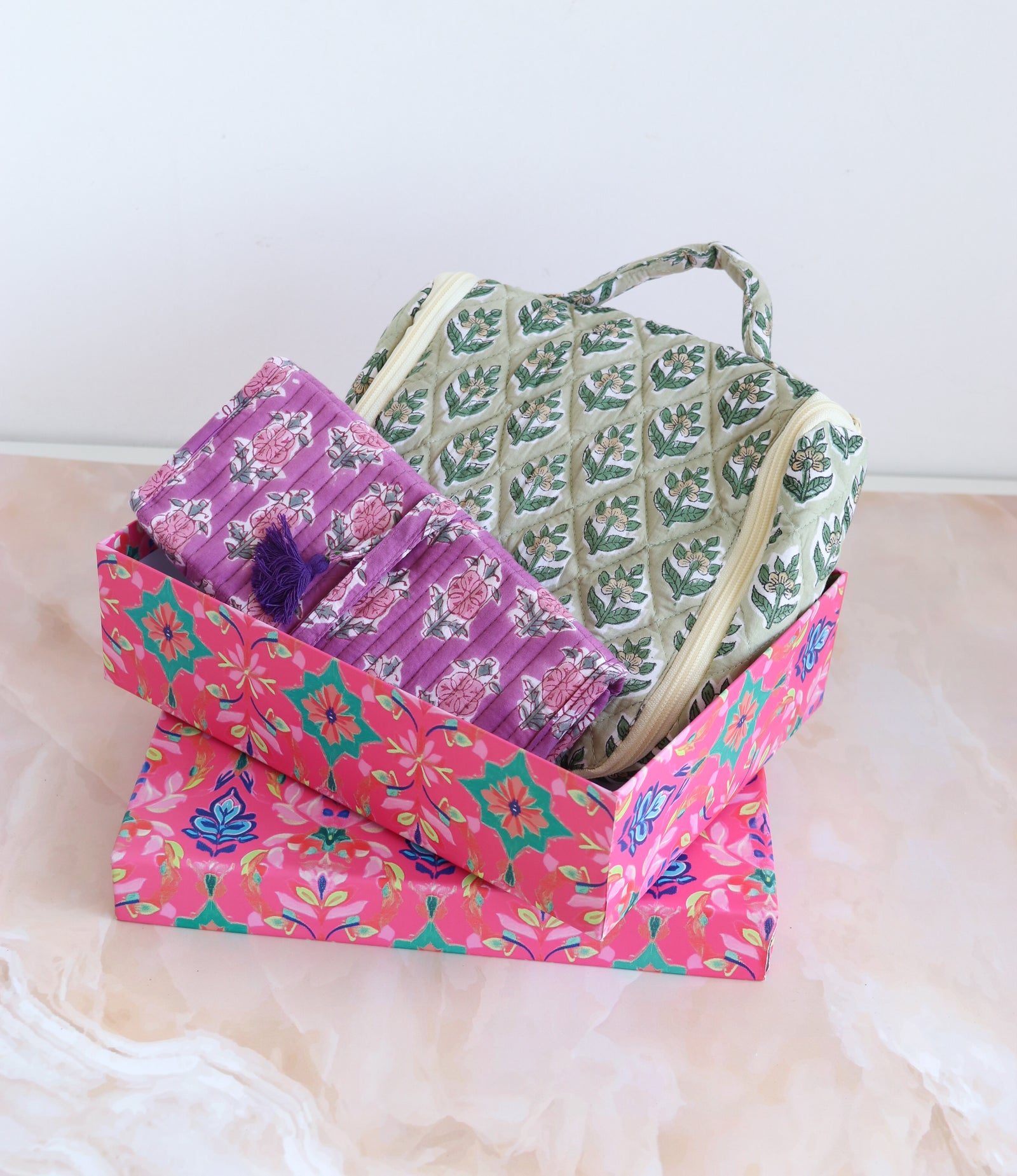 His and hers travel gift set with handmade block print accessories for couples by Kari by Kriti
