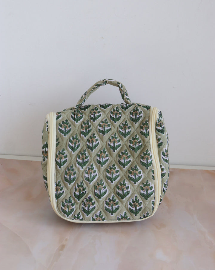 Block print Hanging travel Bags - Travel cosmetics kit - Green ditsy