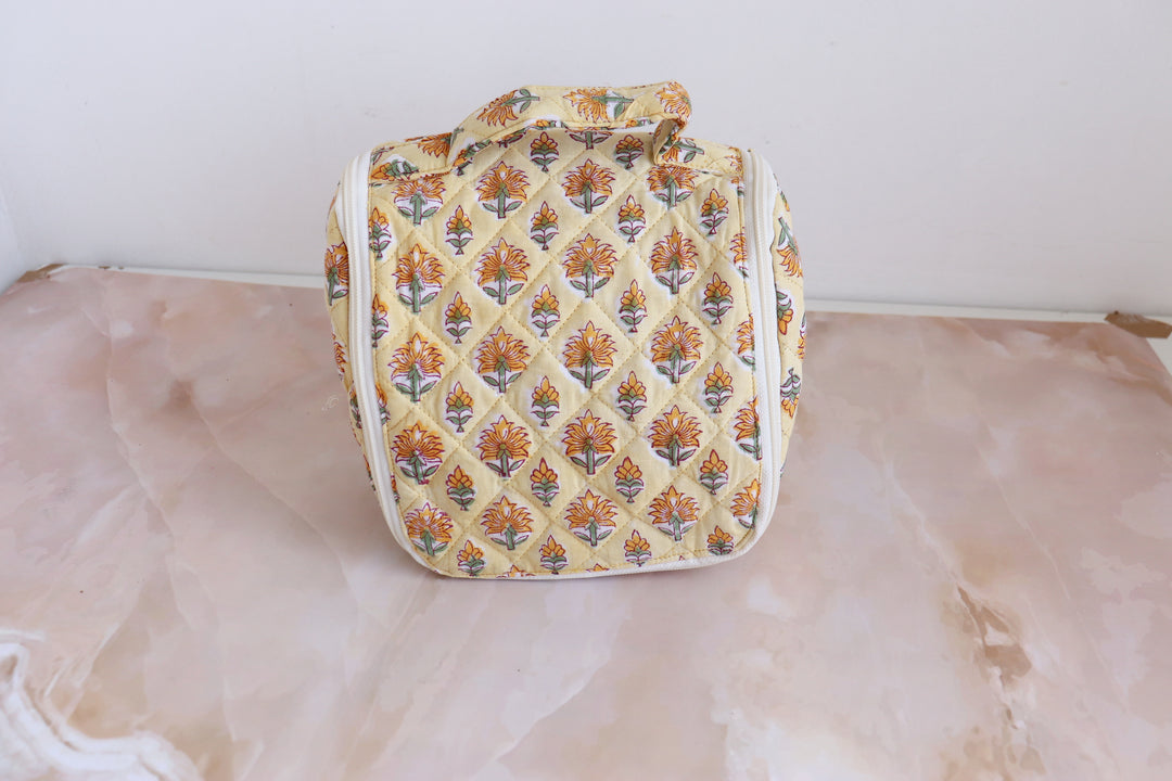 Block print Hanging travel Bags - Travel cosmetics kit - Light yellow ditsy