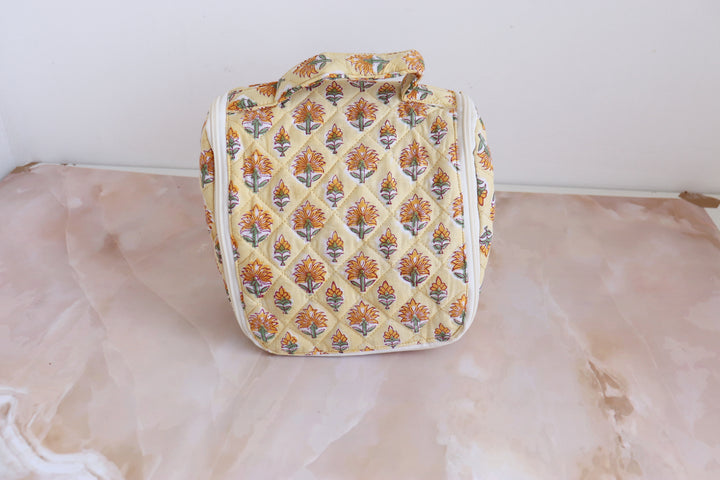Block print Hanging travel Bags - Travel cosmetics kit - Light yellow ditsy