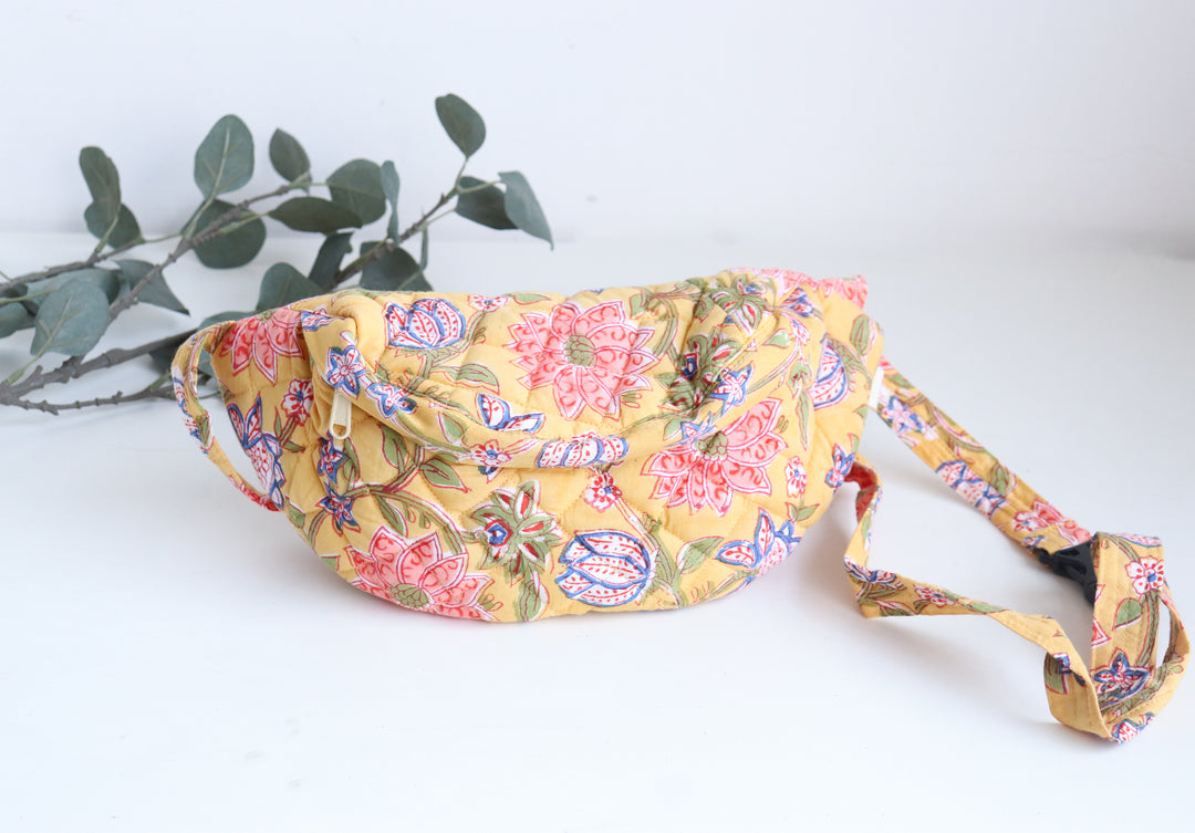 Block print belt bags - Fanny pack unisex - Yellow Floral