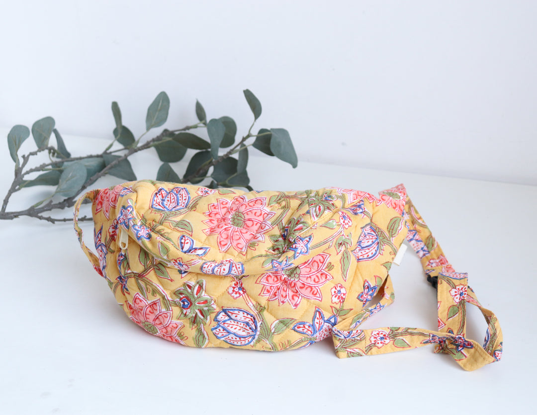 Block print belt bags - Fanny pack unisex - Yellow Floral